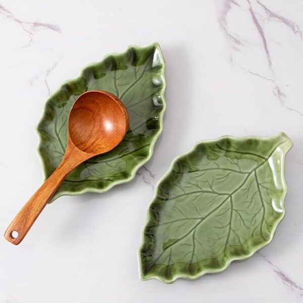 Ceramic Leaf Shape Spoon Rest for cooking, Cute Green Cooking Spoon Holder for Stove Top,Large Porcelain Spatula Rest for Kitchen Counter, Farmhouse Kitchen Decor (green