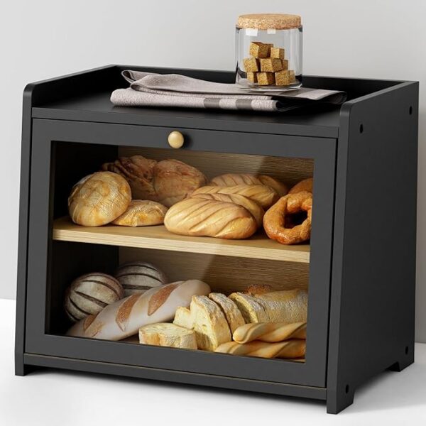 Double Layer Bread Box, 2-Tier Wooden Farmhouse Bread Storage Container for Kitchen Counter, Cabinet, Pantry – Large Vintage Breadbox, Black
