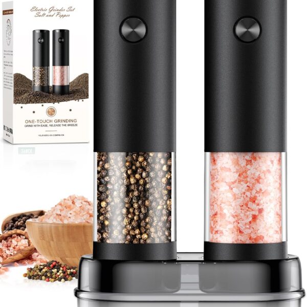Electric Salt and Pepper Grinder Set, Automatic Battery Operated Pepper Mill Shakers with Adjustable Coarseness, Upgraded Large Capacity, LED Light, Kitchen and Home Appliances, Gift for Women and Mom