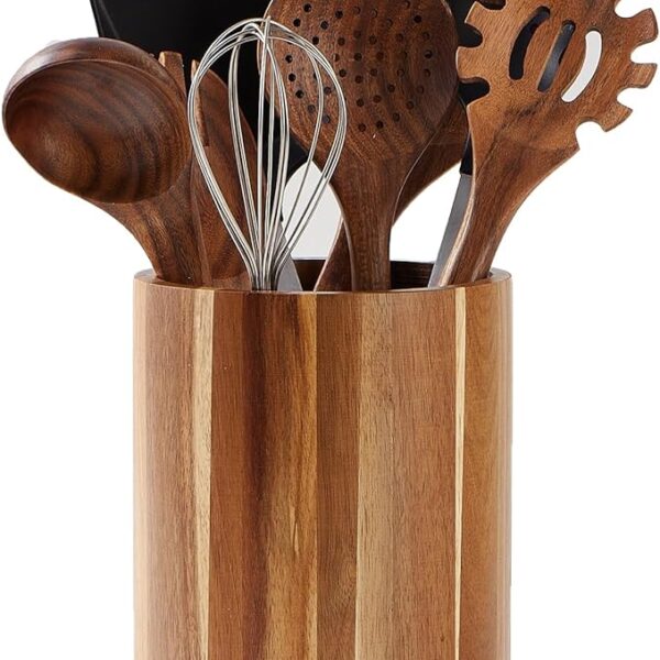 Utensil Holder for Kitchen Counter, 360° Rotating 7.2" Wooden Cooking Utensil Crock for Countertop, Farmhouse Kitchen Decor