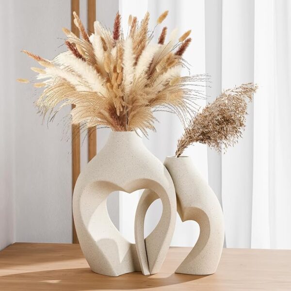 Heart-Shaped White Ceramic Vase Set of 2, Minimalist Nordic Decorative Vases for Table Centerpiece, Wedding, Dining, Living Room, Office Home Decor