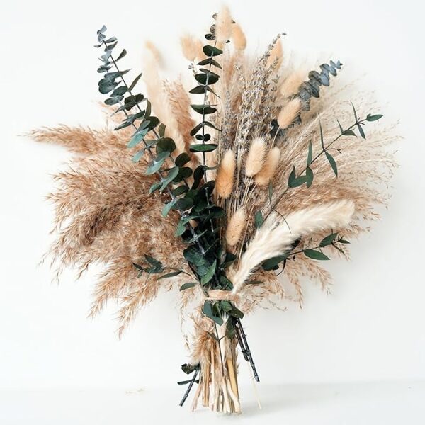 Green Pampas Grass Boho Bouquet with Lavender and Eucalyptus, Dried Flower Arrangement for Bohemian Home, Bedroom, Wedding, and Rustic Table Décor