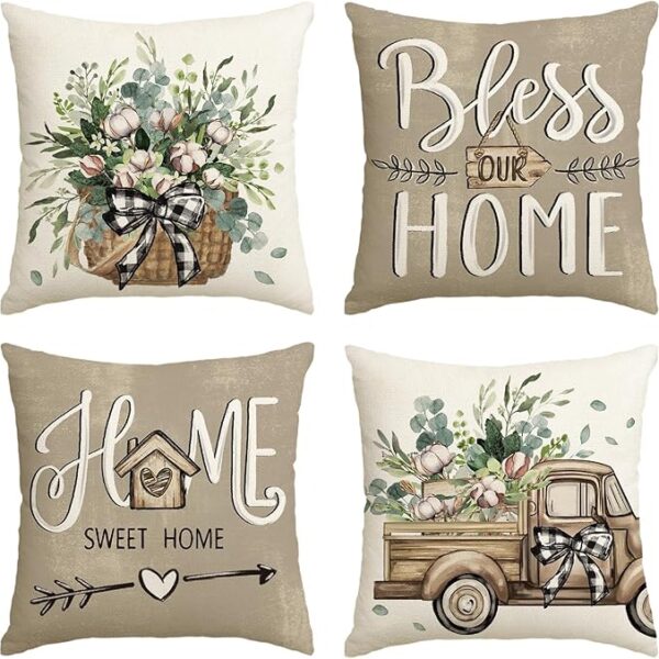 Home Farmhouse Eucalyptus Leaves Throw Pillow Covers, 18 x 18 Inch Truck Home Sweet Home Cushion Case Decorations Set of 4