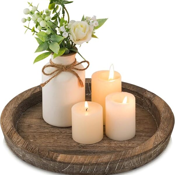 Candle Plate Holder Tray: Round Wood Decorative Candle Plate - Rustic Farmhouse CoffeeTable Decor - Tealight Pillar Trays for Home Decor (Distressed)