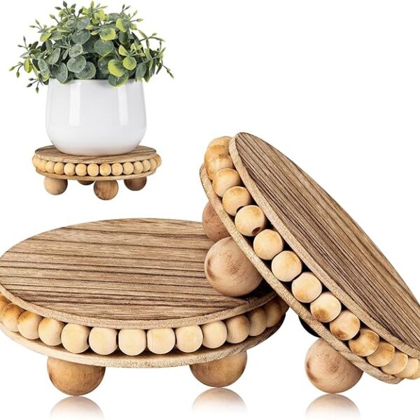 2Pcs Wood Risers for Display Decorative,Round Beaded Riser Distressed for Decor ,Wooden Farmhouse Coasters Mini Cake Stand Plant Stand,Rustic Pedestal Stand Decor Display Risers for Tiered